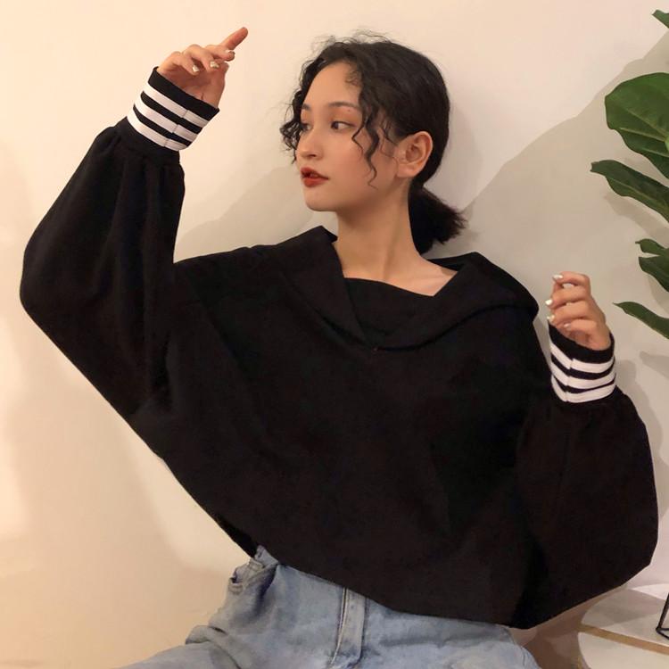 潘帅2019春季新款海军翻领三道杠上衣女学生宽松蝙蝠袖短款长袖t恤潮