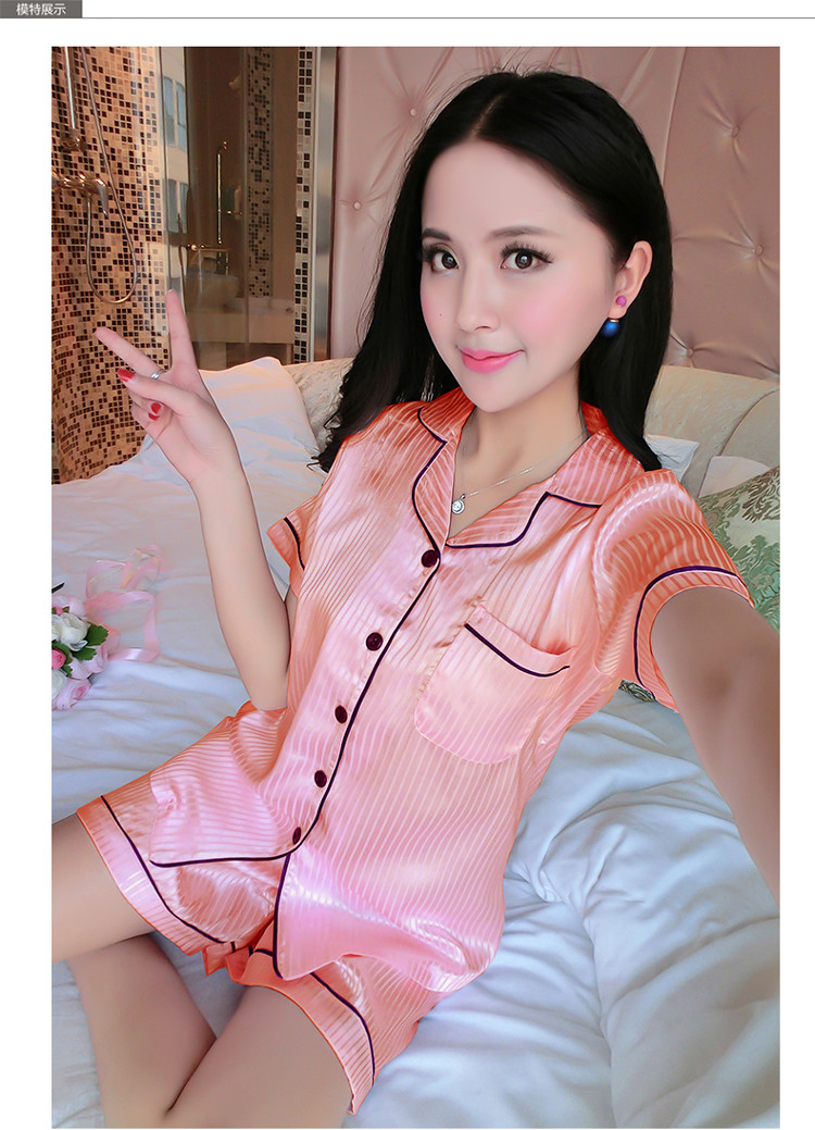 睡衣女夏季新品丝质睡衣休闲短裤纯色条纹开衫家居服套装