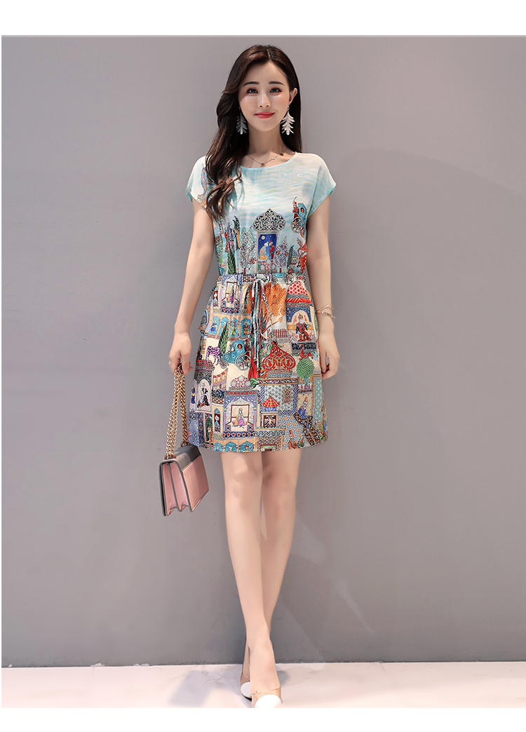 828新款雪纺连衣裙女短裙夏2017新气质修身显瘦收腰民族风印花复古
