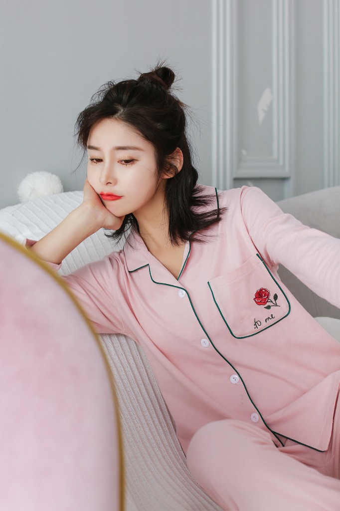 春秋季女士长袖睡衣纯棉卡通玫瑰花清新少女风家居服