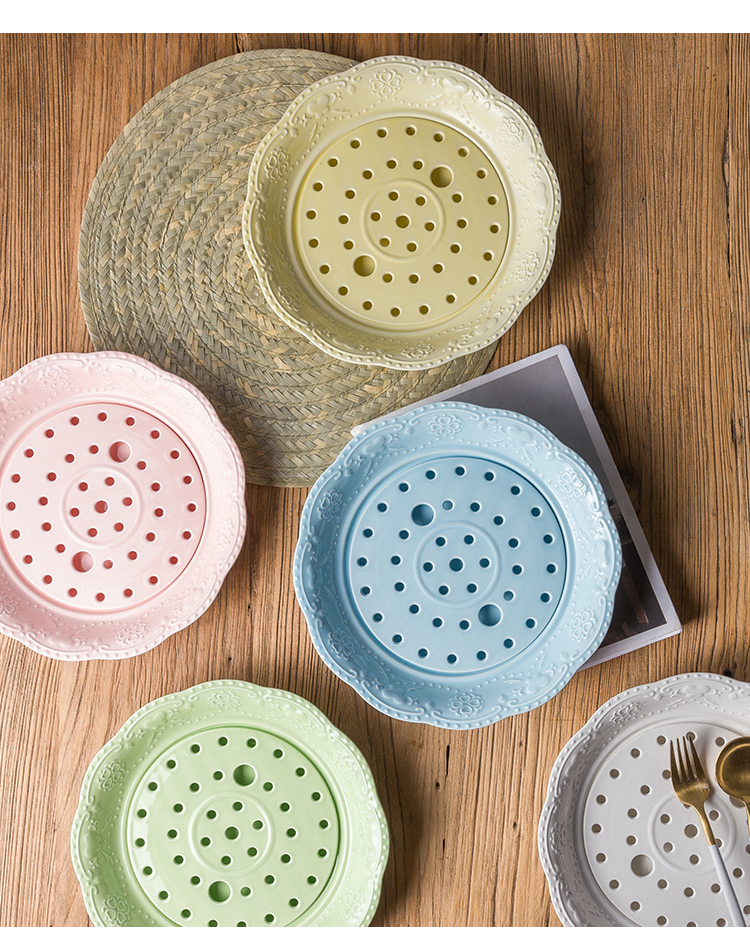 陶瓷饺子盘大号圆形沥水双层蒸饺盘骨瓷水饺托盘10英寸陶瓷家用盘