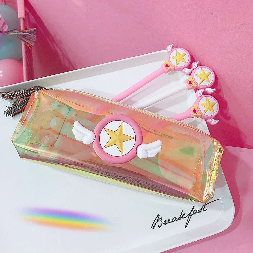 b个性镭射彩色透明笔袋日系少女心小樱笔袋流苏笔袋办公文具收纳袋