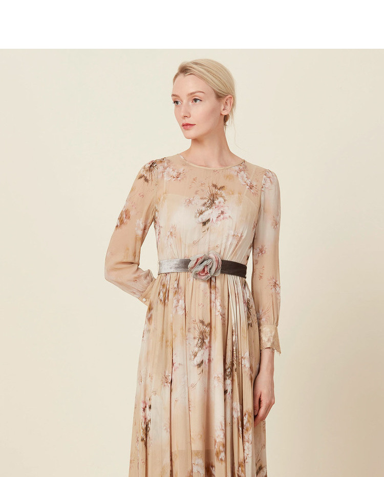 商场同款欧柏兰奴新款桑蚕丝优雅印花腰带长款飘逸连衣裙女