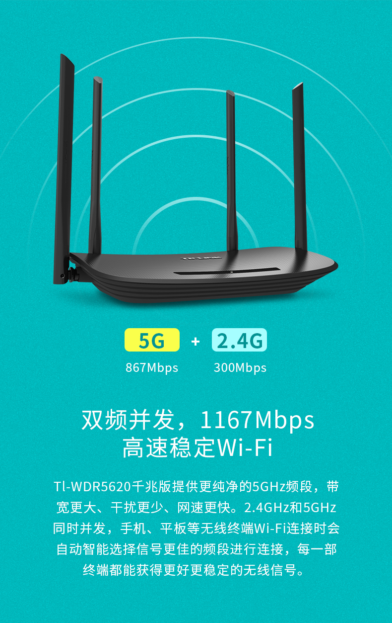 tplink无线路由器tlwdr5620千兆版5g家用1200m高速穿墙智能控制光纤