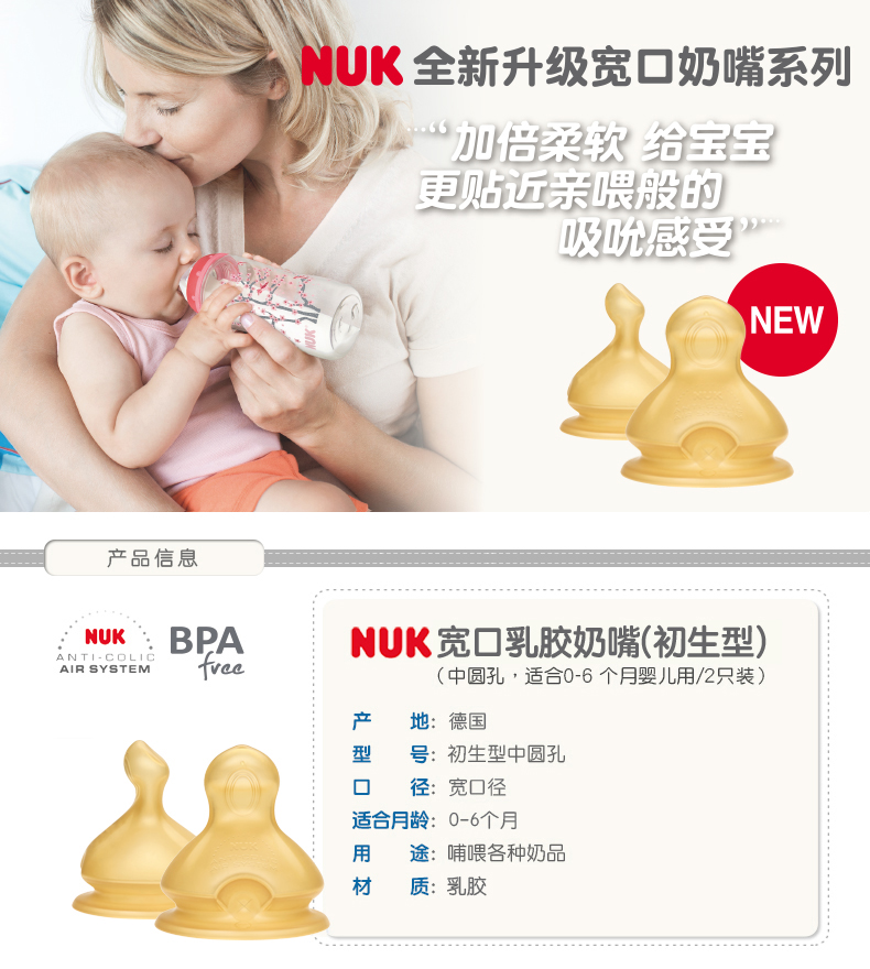NUK宽口乳胶奶嘴（中圆孔，适合0-6个月婴儿用)