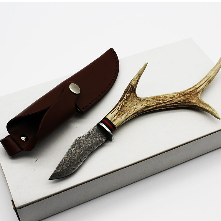 spike大马士革刀户外野营军刀羊角柄大马士革礼品收藏小直刀摆件观赏