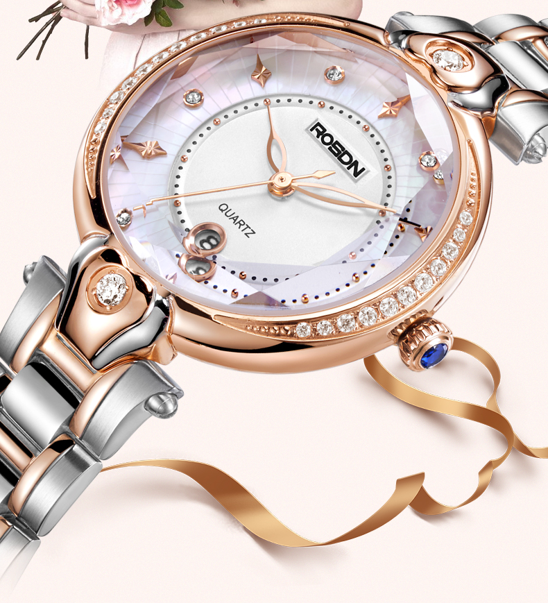 劳士顿rosdn女士手表潮流时尚防水石英表镶钻钢带女表3236