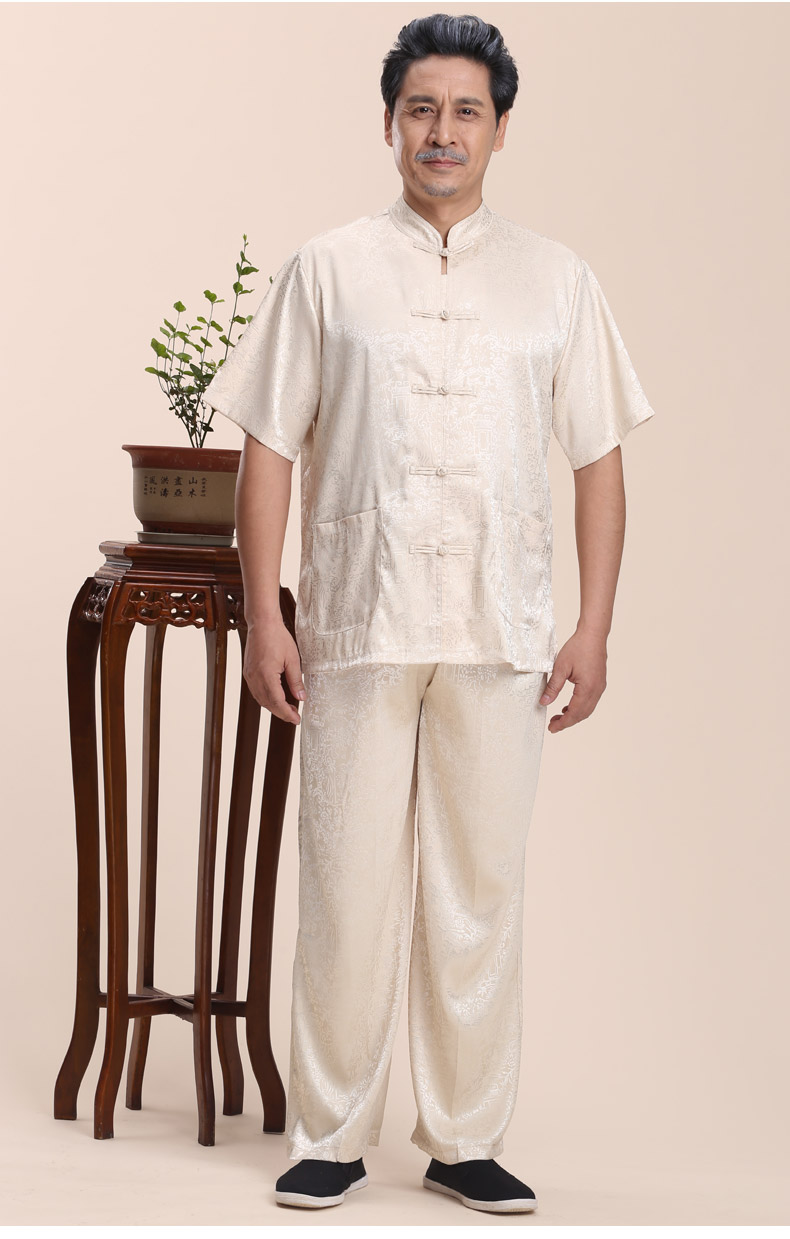 mtiny禅服男套装夏季中医服装茶艺居士服中老年人爸爸复古唐装短袖