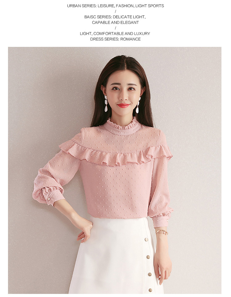 沫晗依美2018春季新款韩版时尚荷叶边长袖立领宽松木耳边雪纺衫女