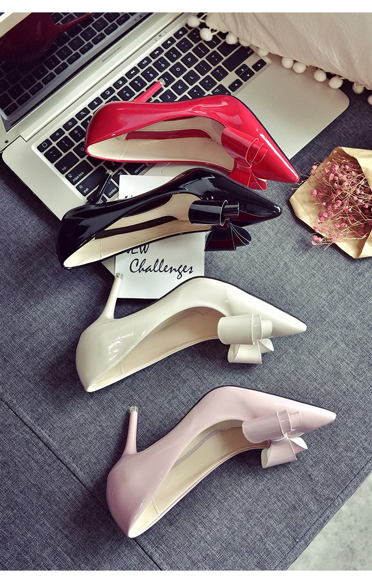 婚鞋女2018新款红色高跟鞋女8厘米细跟尖头性感公主大蝴蝶结单鞋
