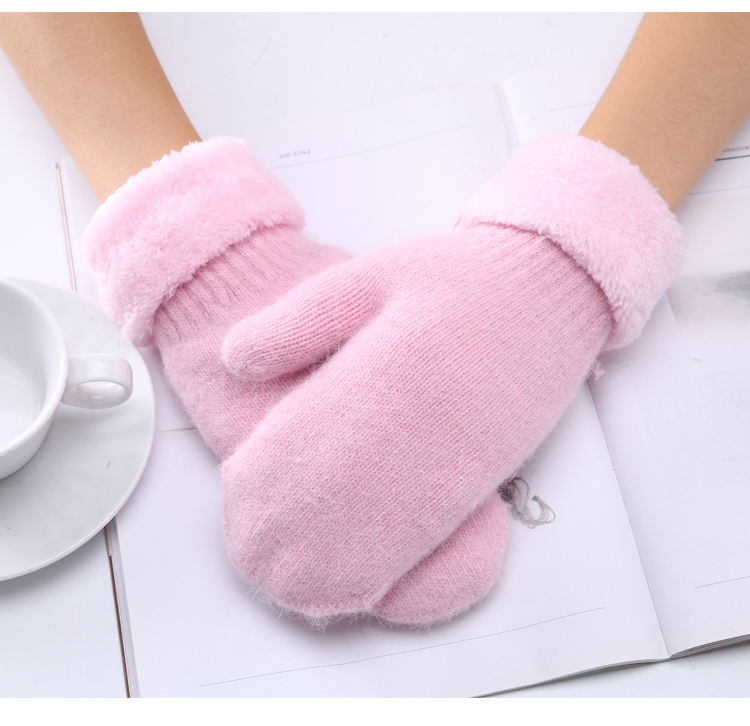 七斓韩版毛线全包指手套女冬季时尚连指加绒加厚保暖学生纯色包套甜美