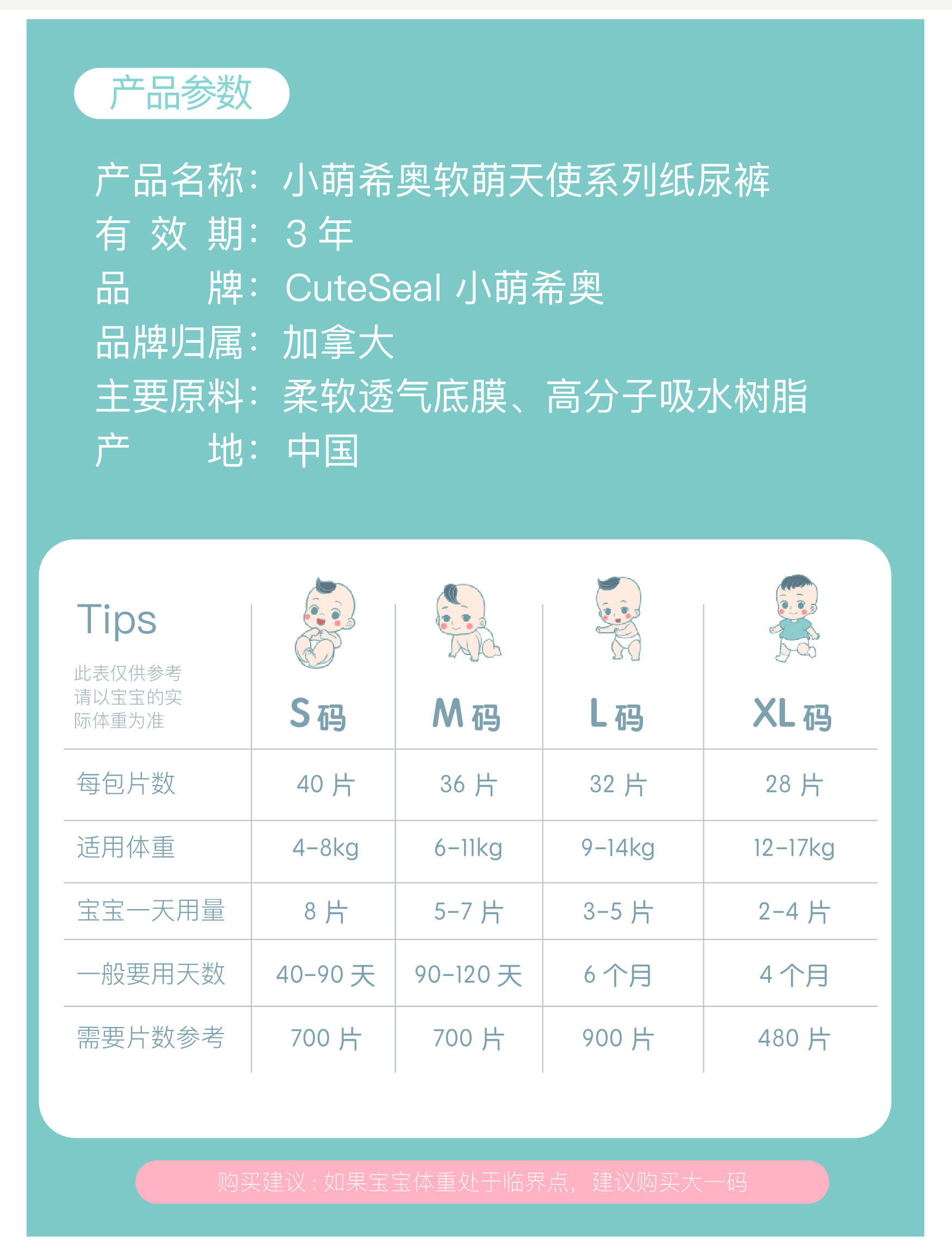 cuteseal小萌希奥天使软萌系列纸尿裤m码36片(6-11kg)男女宝宝通用