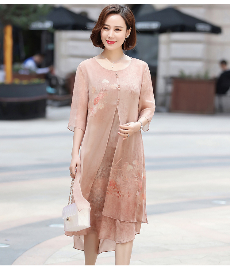 妈妈夏装短袖连衣裙中年妇女四十岁女人50中老年女装过膝雪纺裙子