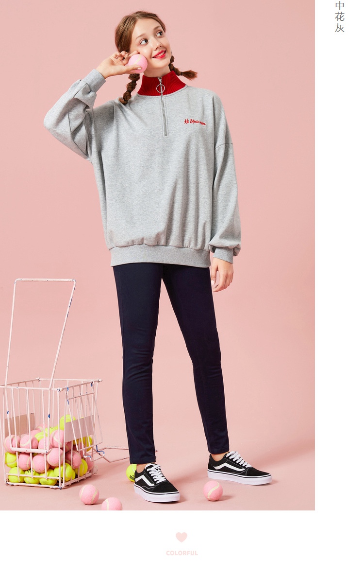 semir森马卫衣女冬季加绒加厚潮流撞色套头衫chic拉链上衣高领 中花灰