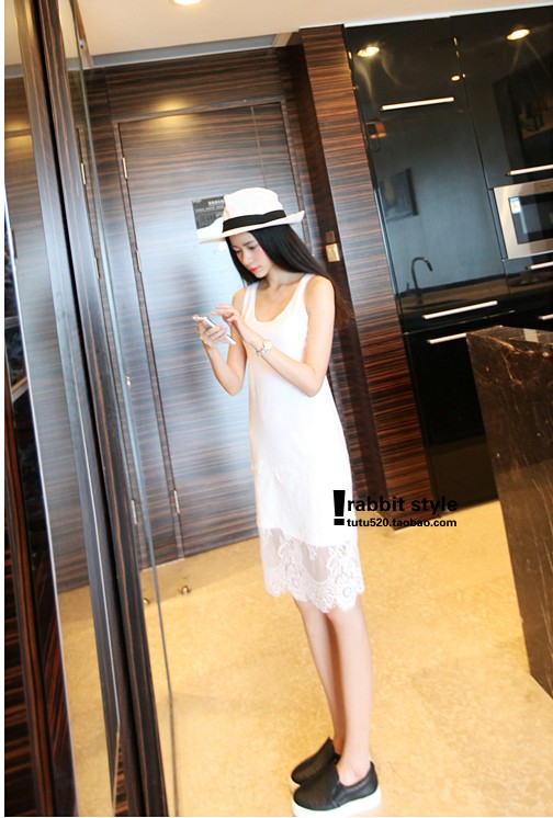 828新款天天特价春秋修身大码中长款蕾丝花边拼接背心