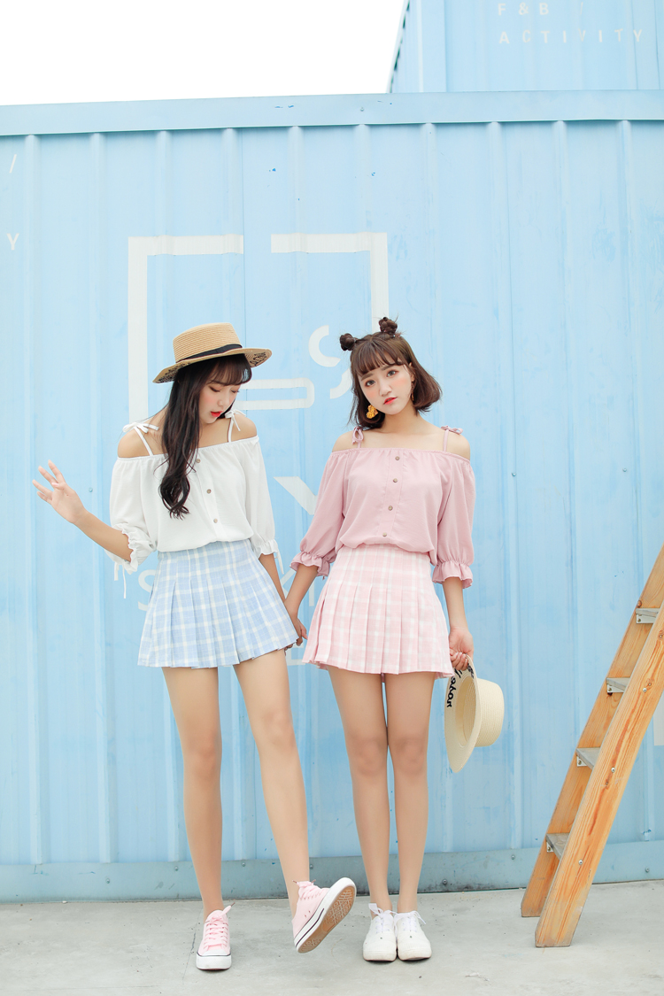 薇姬桑妮2017夏季小清新闺蜜装宽松吊带衬衫漏肩五分袖t恤女