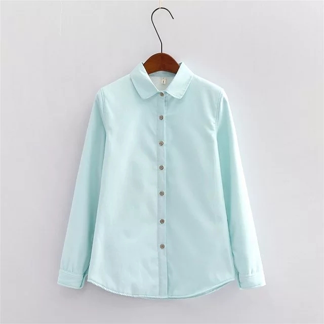 薇姬桑妮冬季女装文艺小清新纯色元宝领加绒衬衫宽松显瘦全棉外套