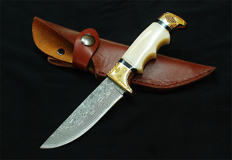 spike大马士革钢刀送礼直刀骆驼骨双铜头雕花柄随身收藏小直刀野营刀