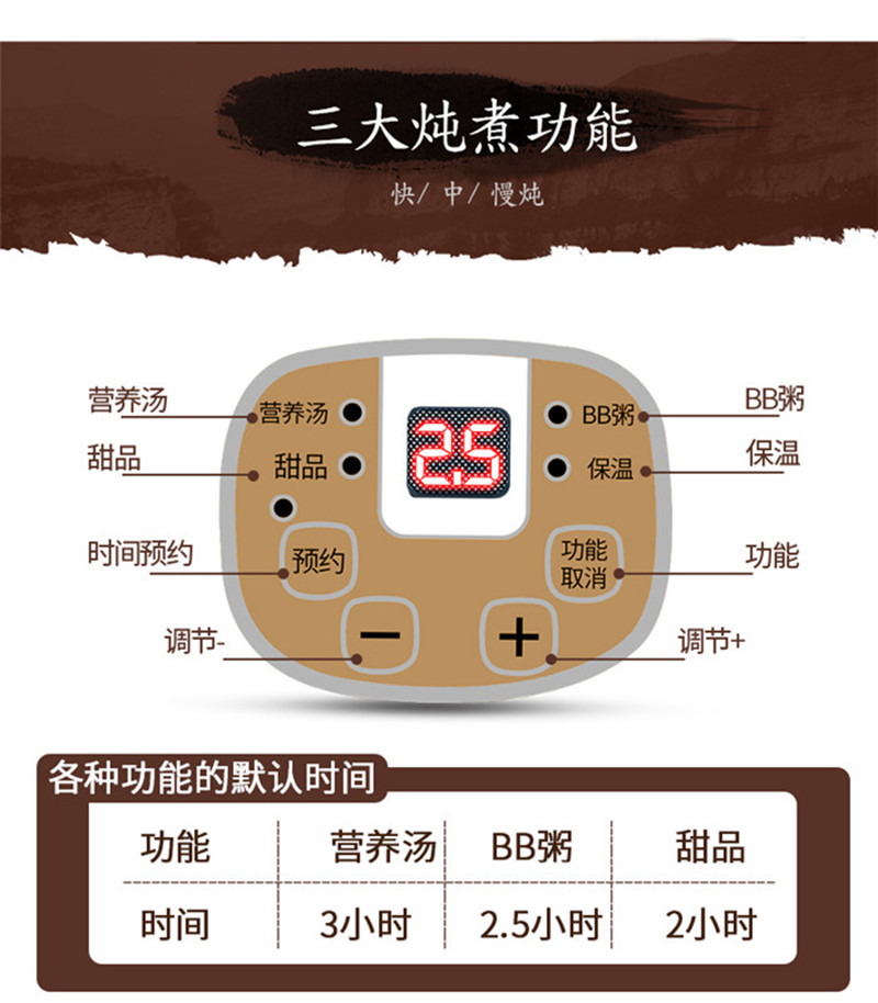 炖锅功能:隔水炖,炖内胆数量:单胆产地:中国广东中山市型号:小浣熊电