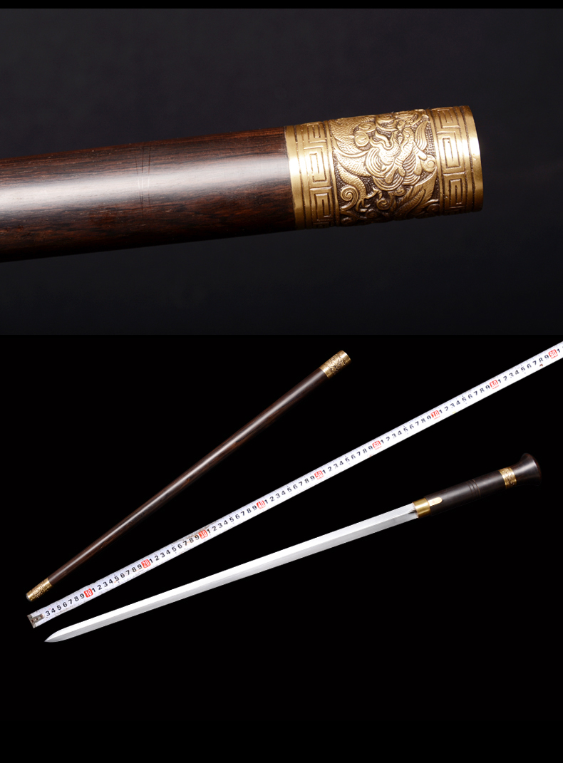 铸剑谷精品手杖剑92厘米花纹钢黑檀木手工雕刻铜装拐杖送礼登山防身有