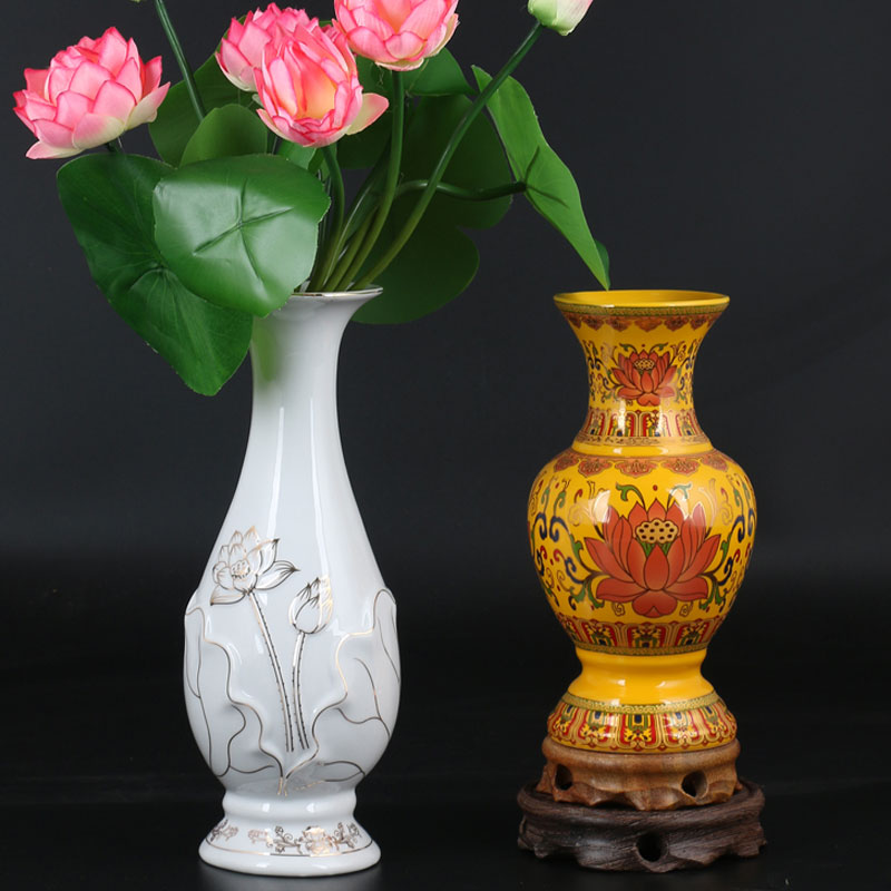 彩荷花瓶8英寸供佛花瓶陶瓷供瓶佛堂观音净水瓶莲花瓶供佛摆件佛前供