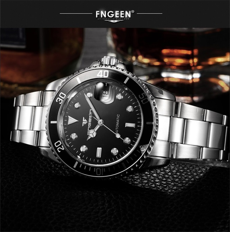 芬尊fngeen夜光水鬼系列男士全自动机械腕表时尚休闲运动精钢带手表
