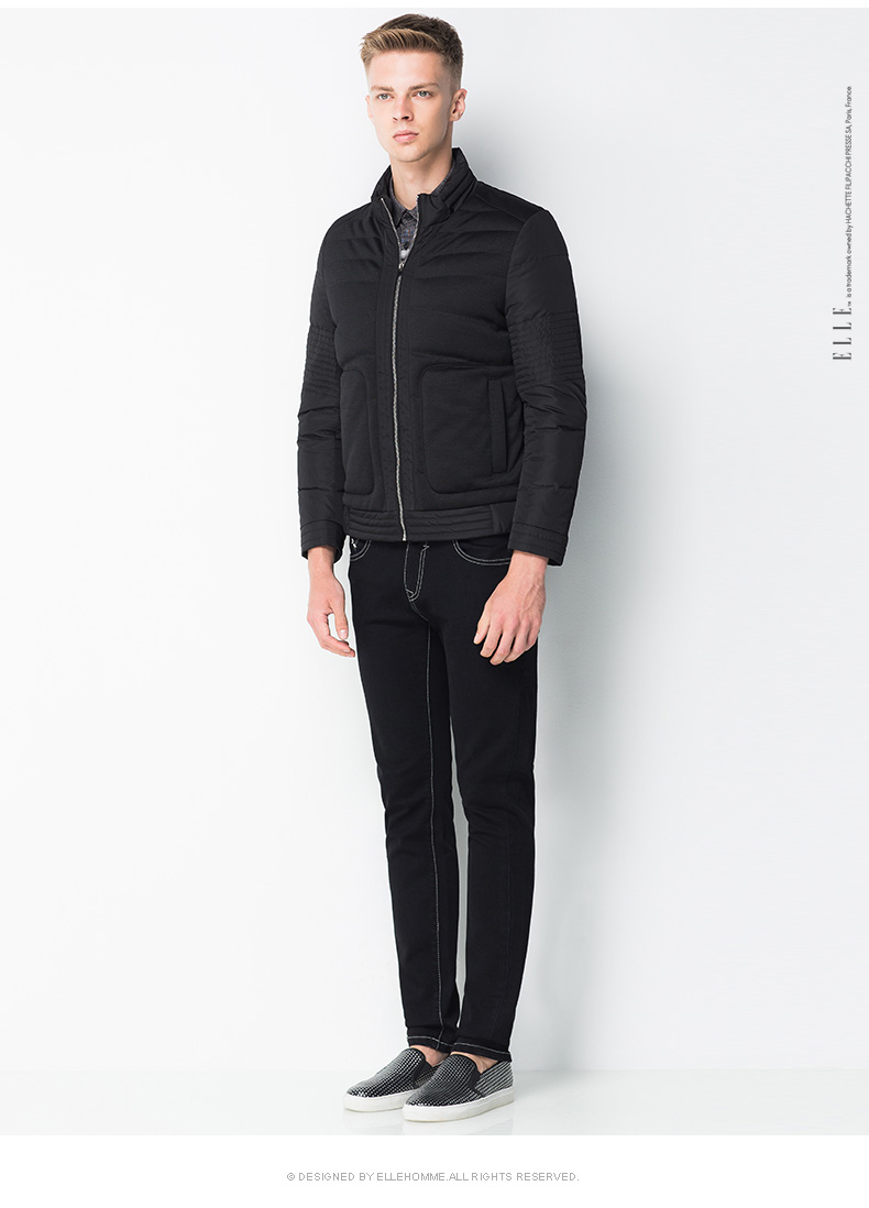 ellehomme男装羽绒服男时尚立领纯色拼接保暖羽绒服外套秋冬新款黑色
