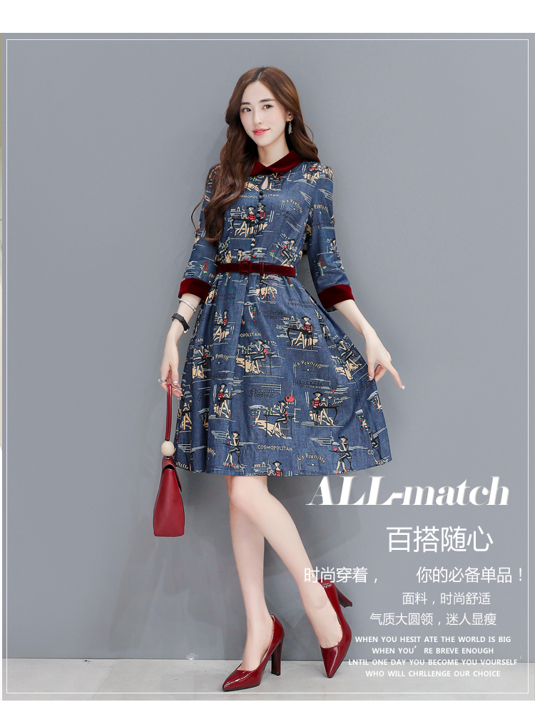 飘香2016秋季新款时尚女装复古印花七分袖修身连衣裙v3288