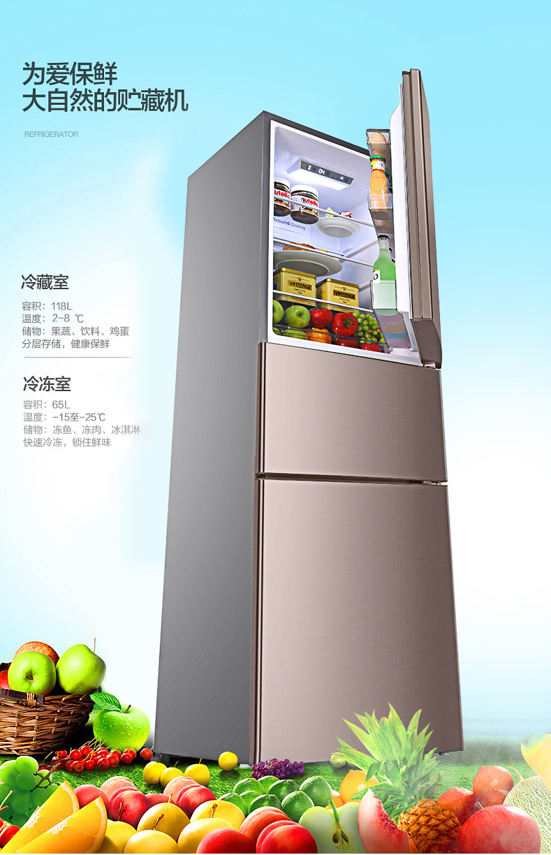 容声ronshenbcd221wkd1ne221升家用三门三温区风冷无霜电冰箱节能大