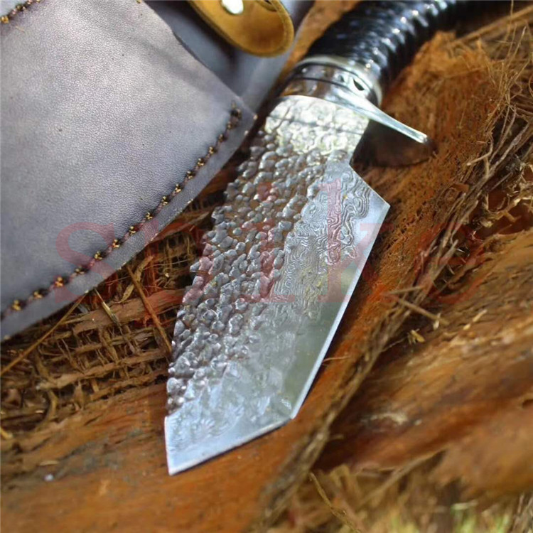 spike大马士革刀vg10钢羊角手柄手工锻锻打小直刀猎刀军刀收藏礼品刀