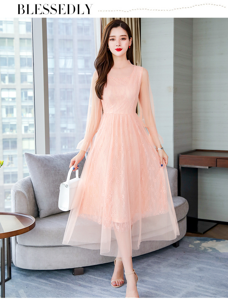 伊则欧洲站女装蕾丝连衣裙2019春秋新款中长款修身气质名嫒流行裙子夏