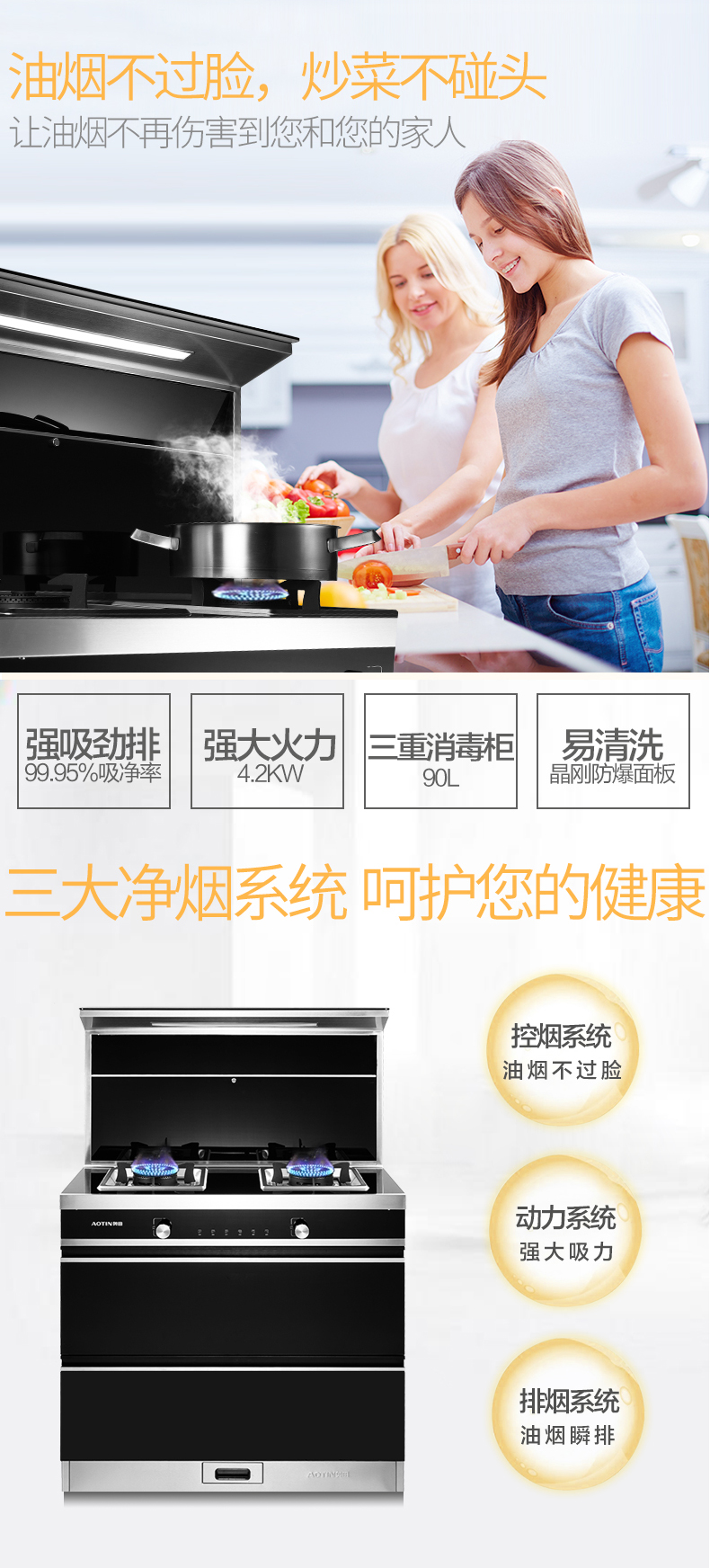 奥田/AOTIN 集成灶烟机灶具消毒柜一体灶侧吸式 4.2KW 高温猛火大吸力灶具E05支持天然气/液化气