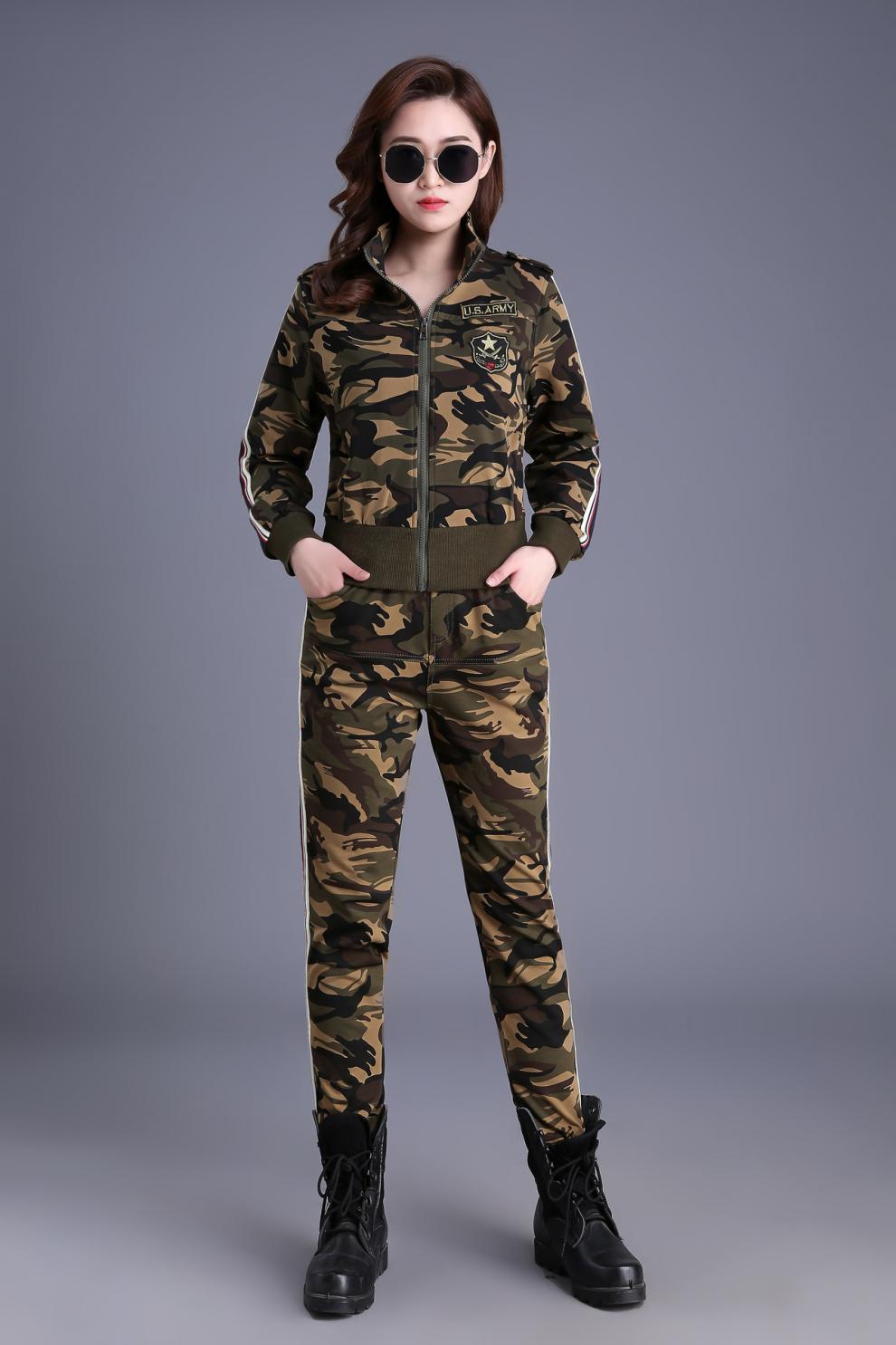 hoscene迷彩服女套装春秋季迷彩服套装女装两件套作训服户外军迷外套