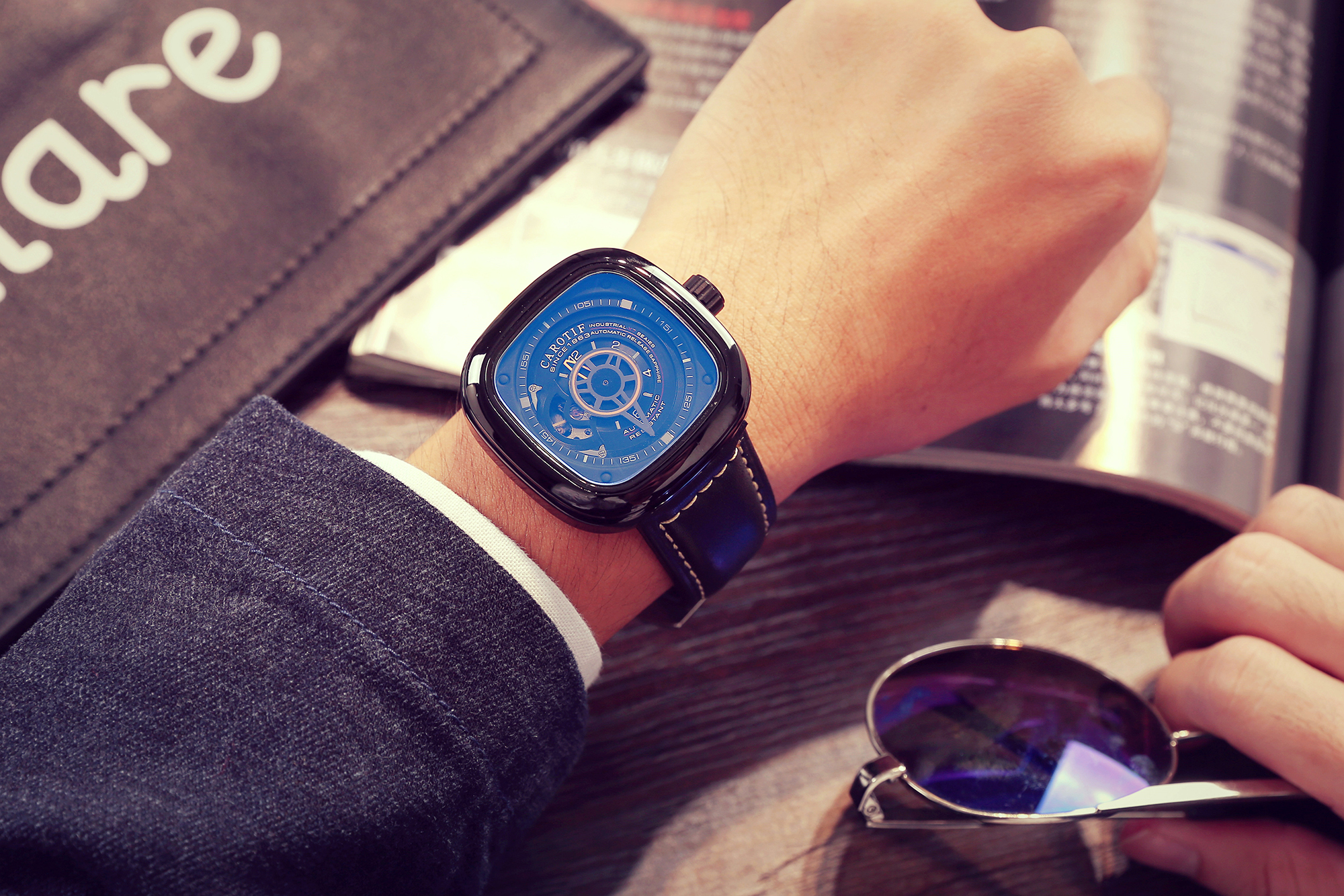 卡罗蒂夫(carotif)热卖正品手表时尚潮流全自动机械表男表镂空方形大