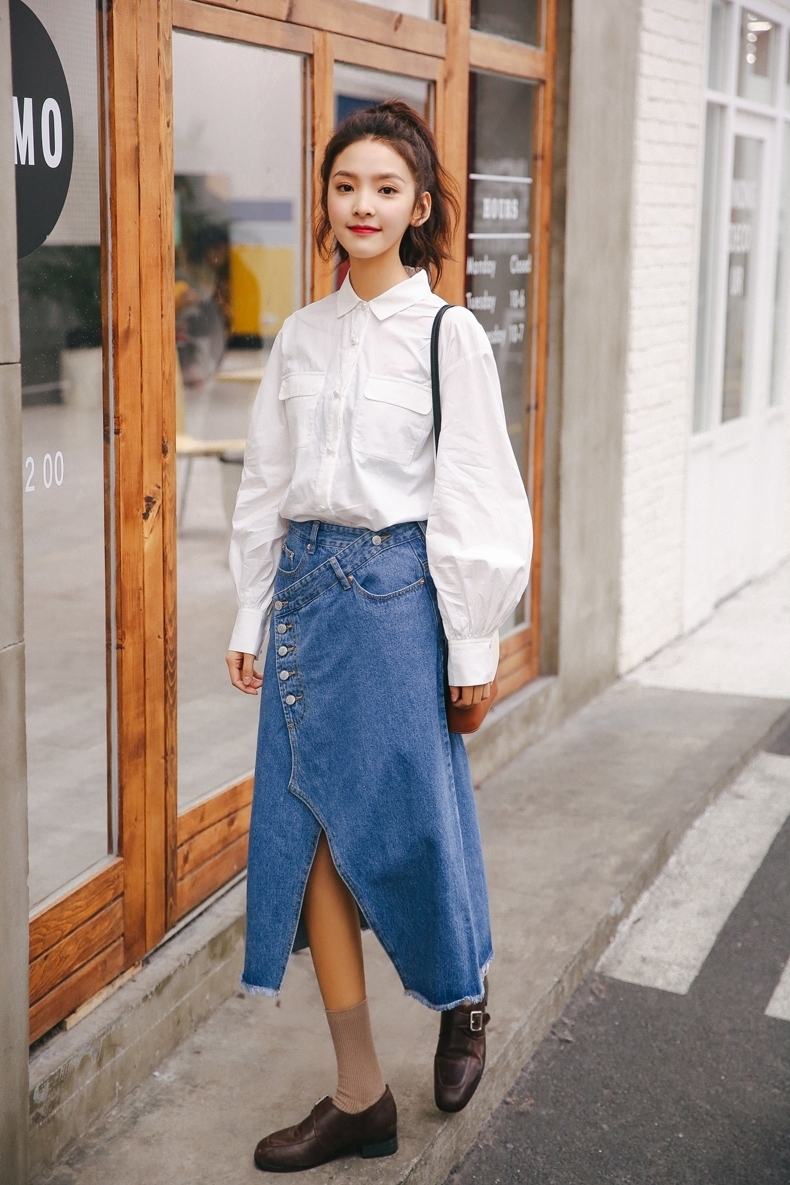 薇姬桑妮2018春装女装新款百搭白衬衫 修复百搭牛仔半身裙时尚套装