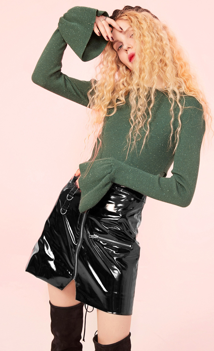 妖精的口袋秋漆皮裙女亮面短裙子秋新款a字裙气质半身裙女