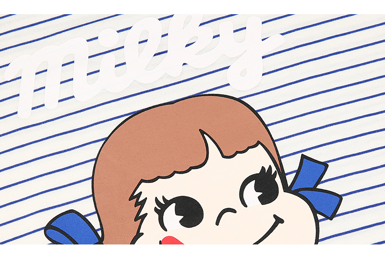 haoduoyi清新学院风牛奶妹条纹卡通印花开衩下摆宽松休闲短袖常规款