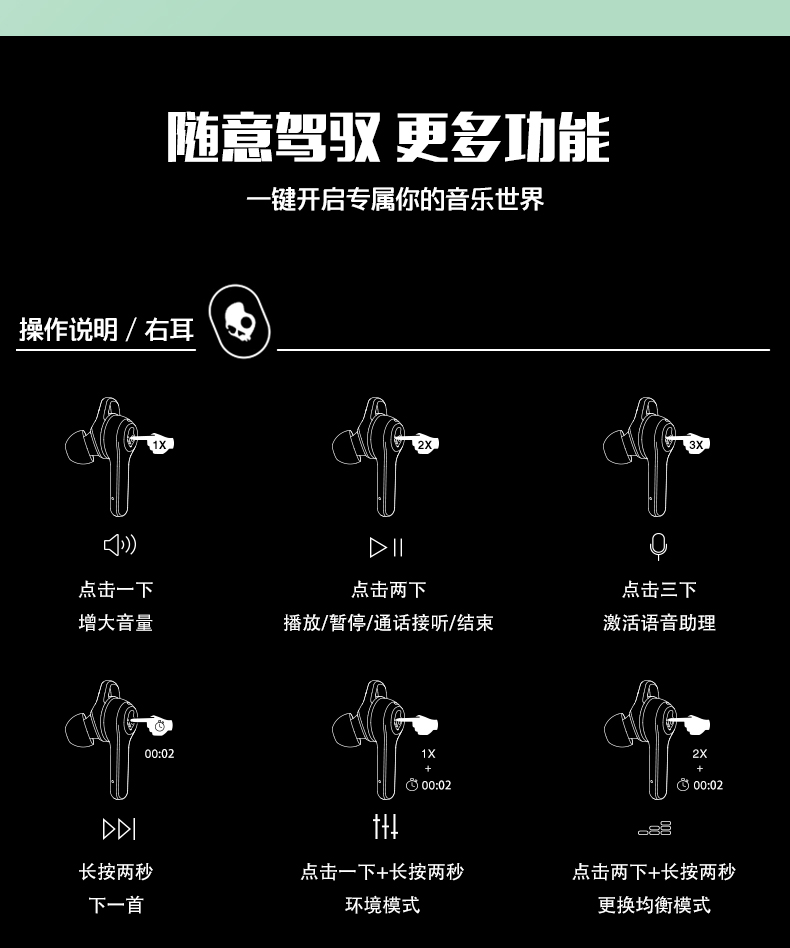 骷髅头indyevofuel真无线蓝牙入耳式耳机运动跑步健身耳机无线充电