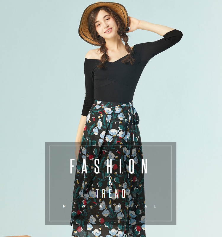 依尚街区chic连衣裙新款性感一字肩七分袖收腰蝴蝶结绑带a字裙潮