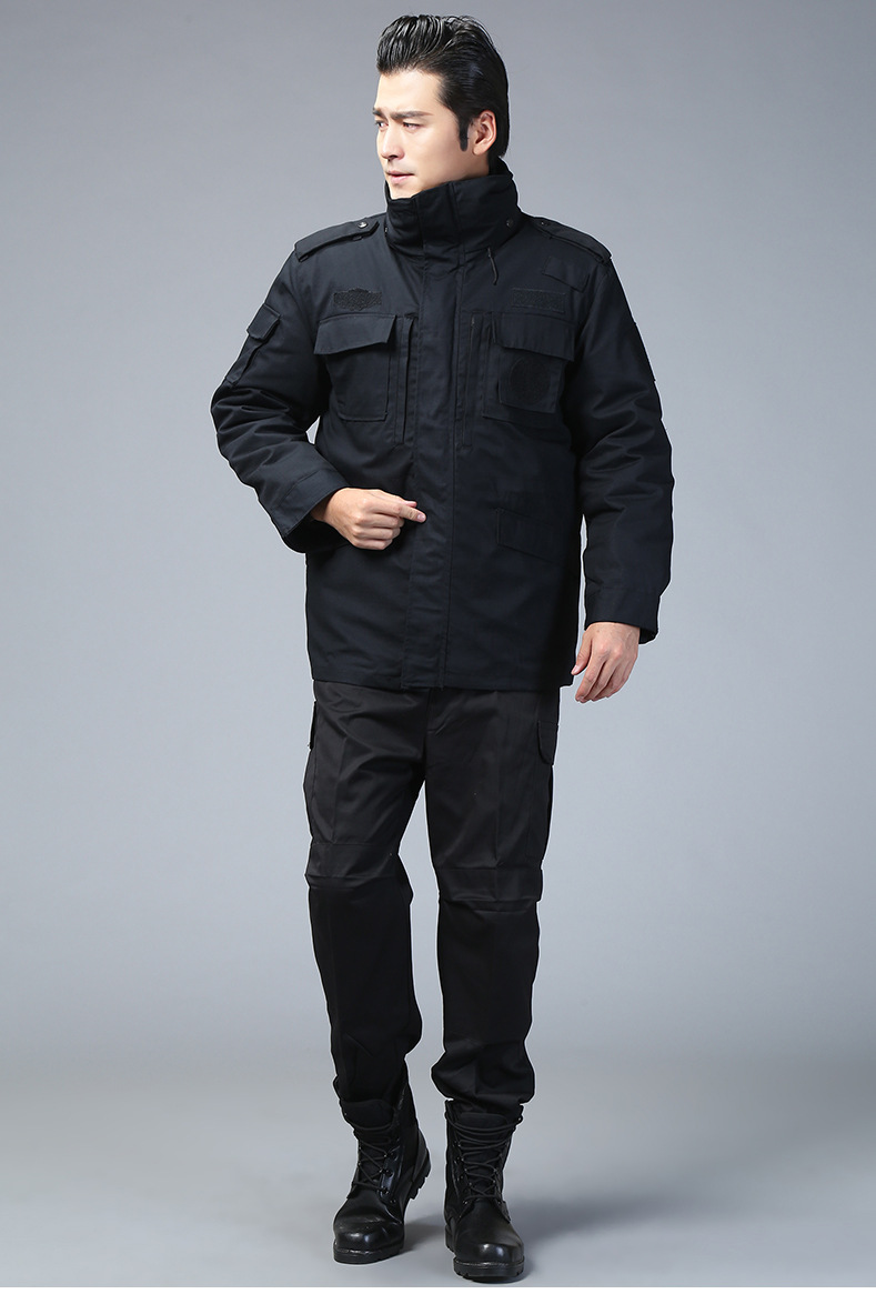 保安作训服冬装棉大衣黑色作训服棉衣男特训服套装勤务大衣6987