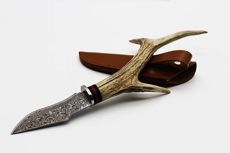 spike大马士革刀户外野营军刀羊角柄大马士革礼品收藏小直刀摆件观赏