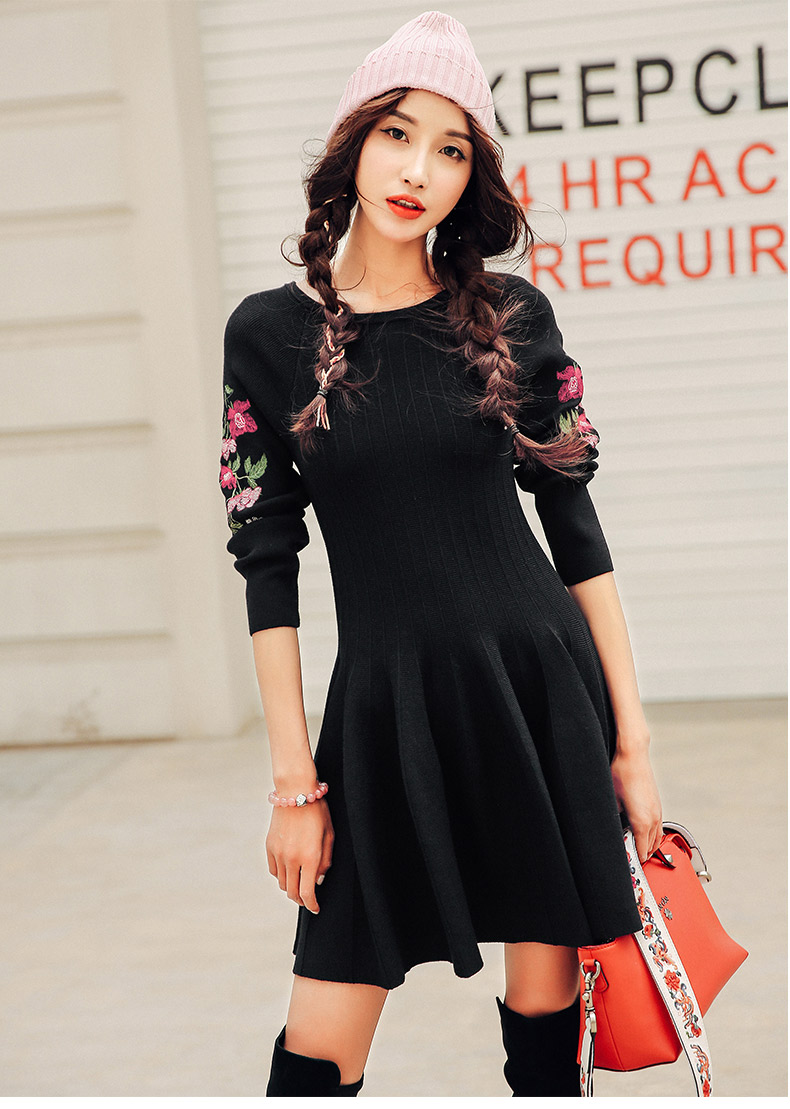 裂帛2019春装圆领刺绣长袖a摆裙子百搭显瘦连衣裙女51170853
