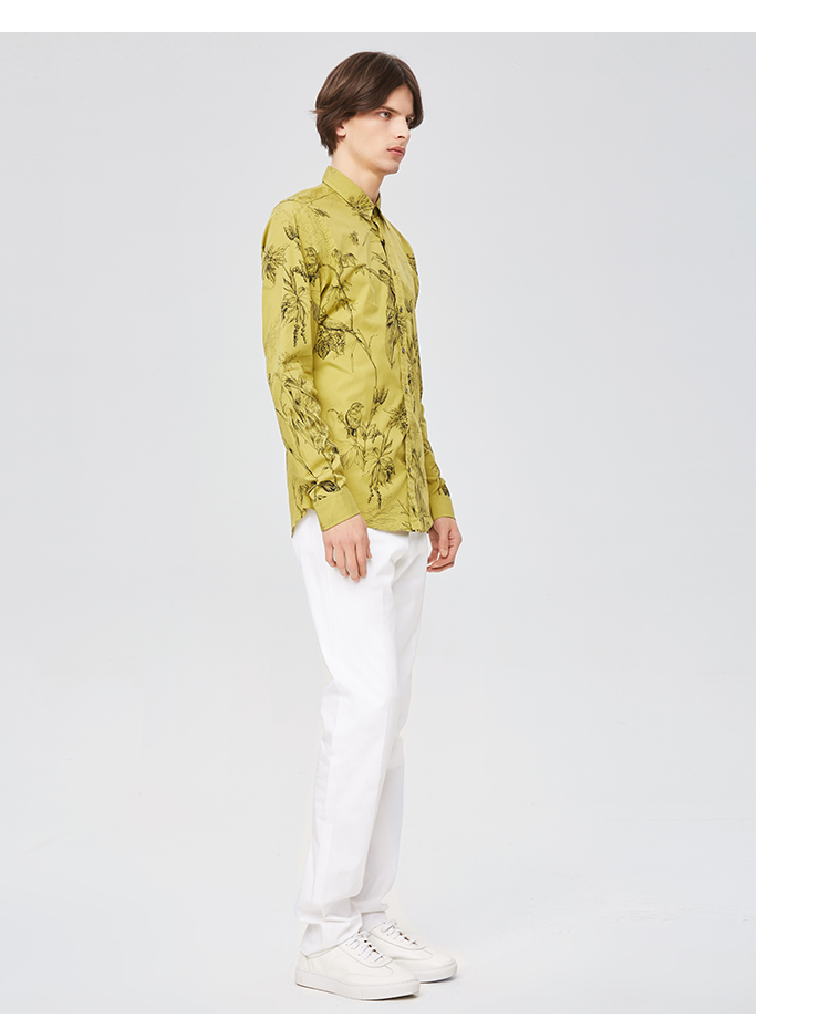 gucci衬衫古奇古驰衬衫柠檬黄红褐色花鸟印花长袖男士衬衫309114