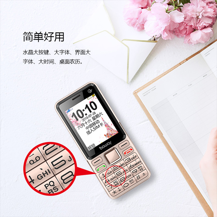 邦华boway老年手机直板按键电信机老人手机老年功能机a9铂光金