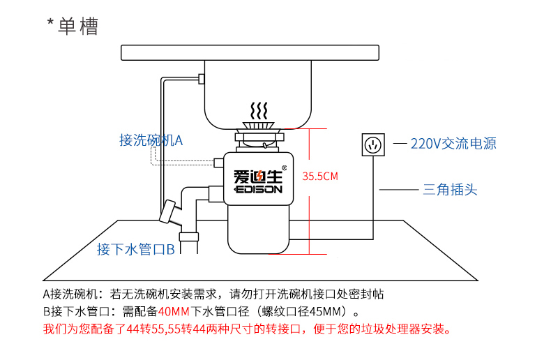 爱迪生(Edison)ADS18-1厨房食物垃圾处理器厨余餐余粉碎机静音380W包邮