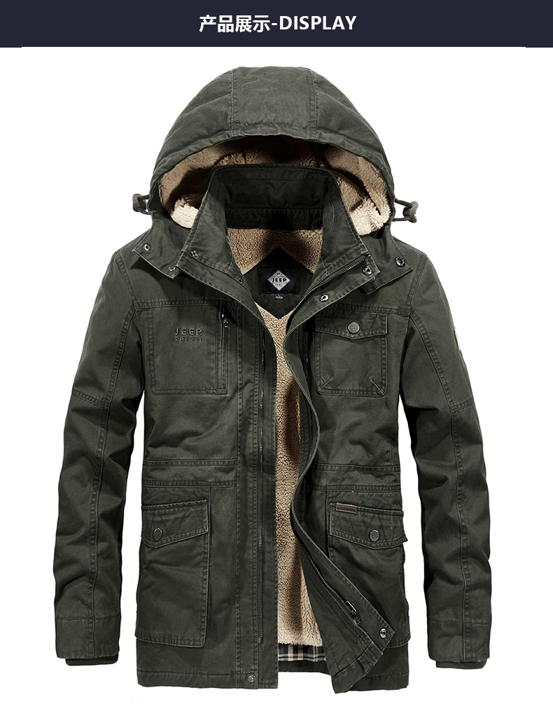 jeep吉普男装棉衣新款2018冬中长棉服可脱内胆多口袋棉夹克冬季男装大