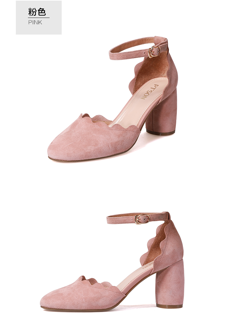 ptson/百田森2018春季新款韩版包头粗跟高跟鞋甜美中空一字扣女鞋
