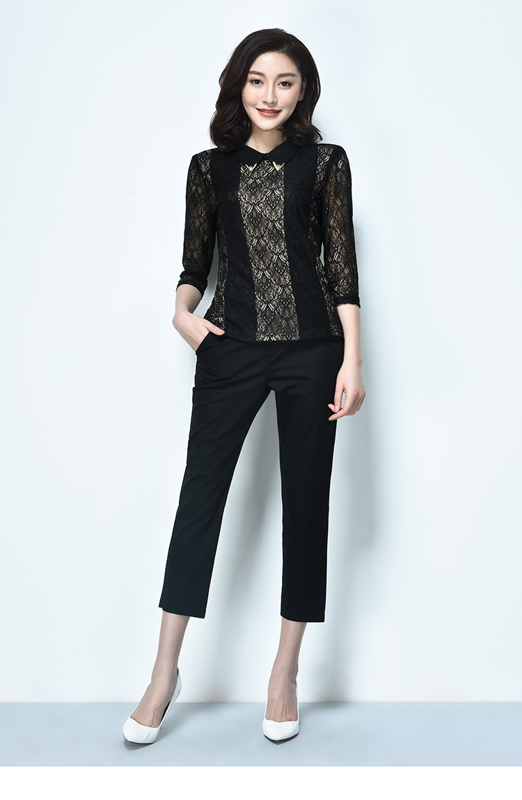 逸阳女裤逸阳春季女装黑色七分袖修身显瘦蕾丝外穿内搭上衣女0585