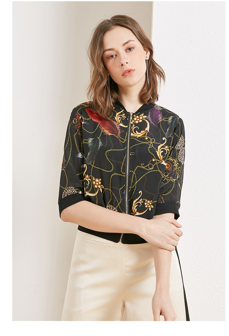 金菊2019春夏季新款女士印花真丝棒球衫时尚百搭桑蚕丝中袖短外套女