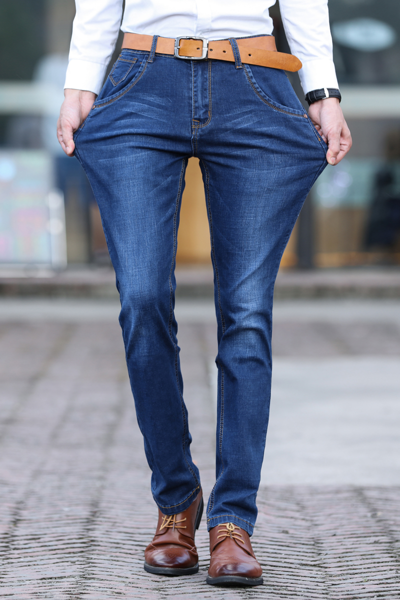 秋季青年超高弹力牛仔裤男士薄款有弹性加肥加大码男裤子胖子高腰